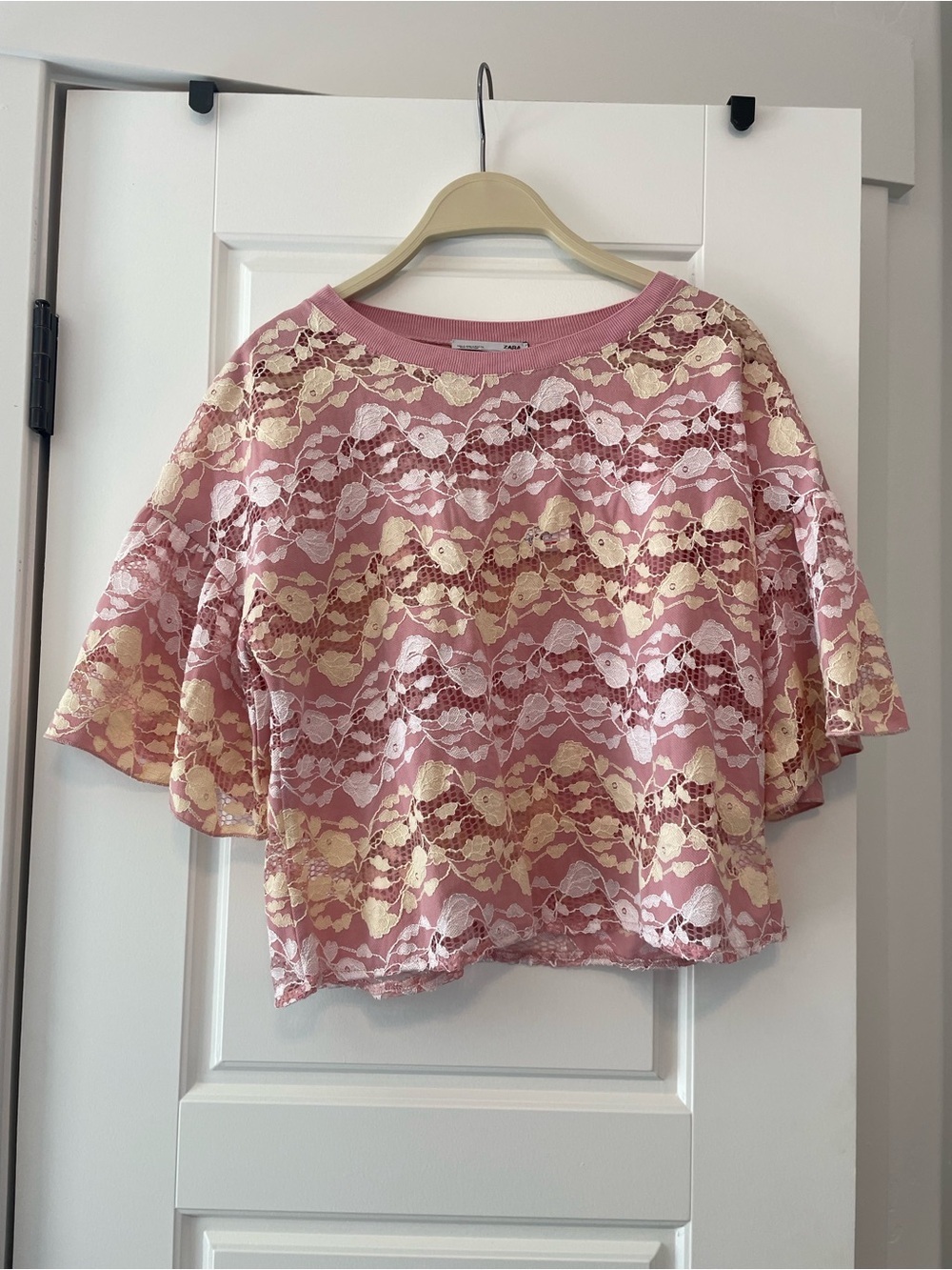 Zara Pink and Cream Lace Overlay Boxy Blouse